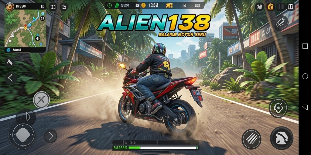 Tampilan gameplay seru dalam balapan motor luar angkasa di ALIEN138.