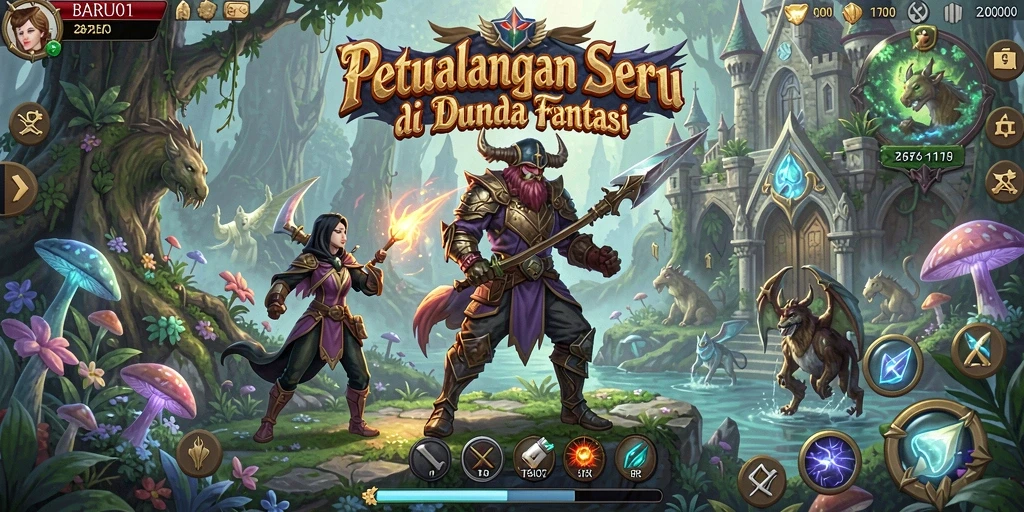 Screenshot gameplay menunjukkan pemandangan menakjubkan dari dunia petualangan.