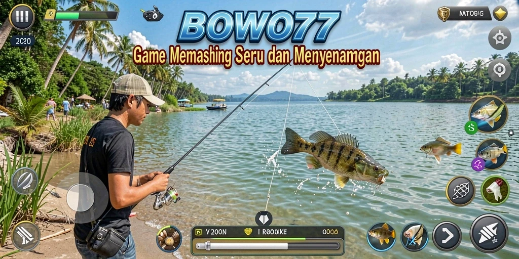 Tampilan gameplay BOWO77 dengan suasana memancing yang menenangkan.