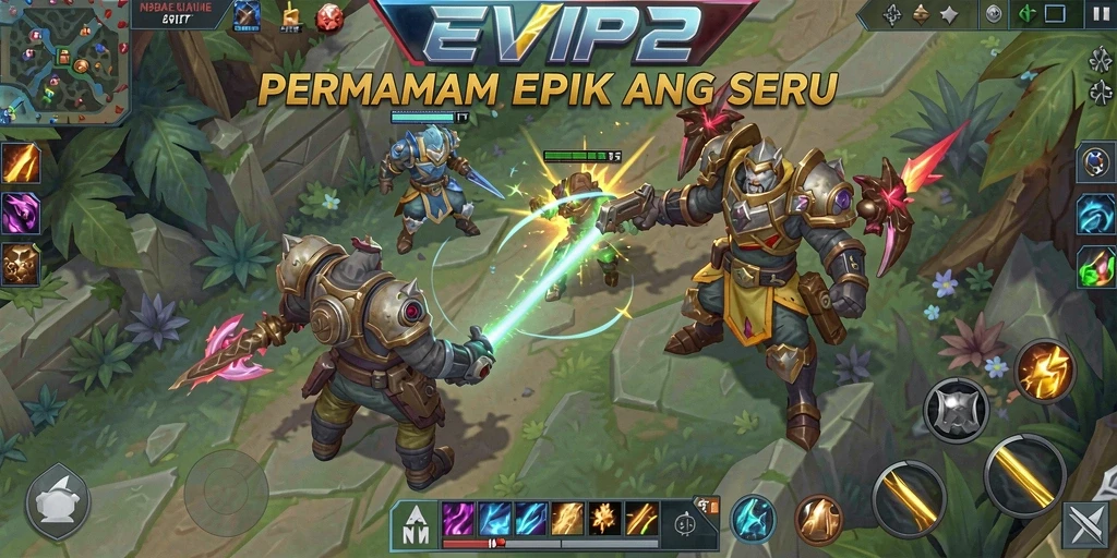 Tangkapan layar menampilkan aksi seru dalam gameplay MOBA EVIP2.