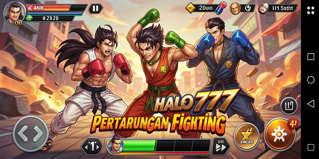 Screenshot HALO777 menunjukkan pertarungan intens dengan karakter-karakter unik.