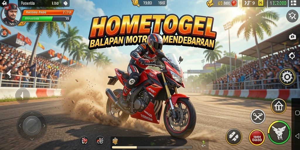 Screenshot gameplay HOMETOGEL menampilkan balapan motor yang mendebarkan.