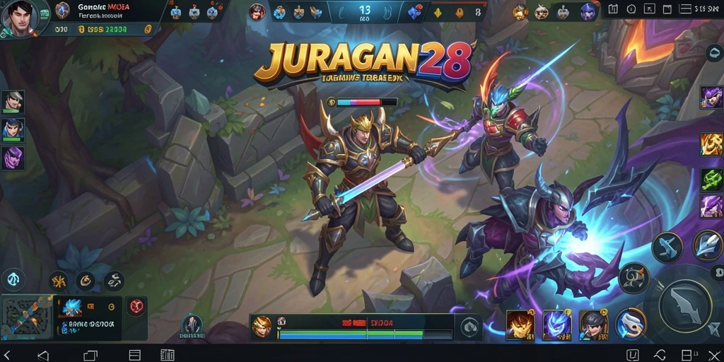 Screenshot gameplay JURAGAN28 menampilkan pertarungan seru antara tim di arena.