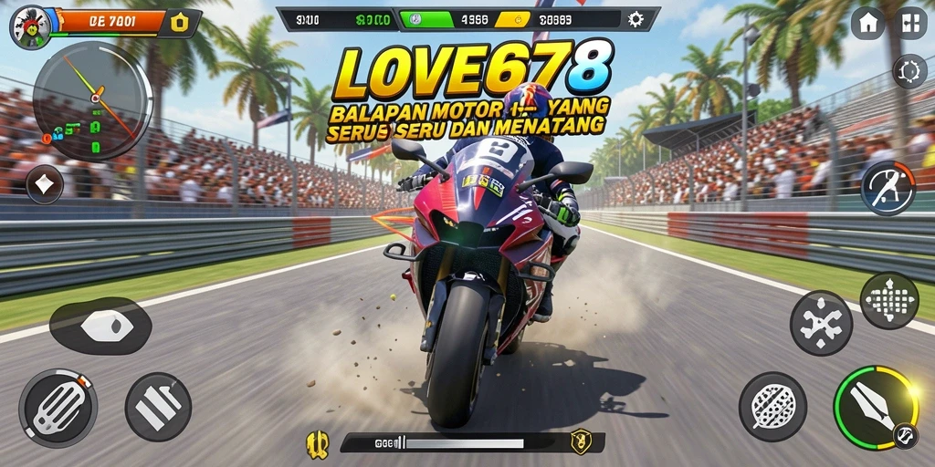 Screenshot utama LOVE678 menampilkan aksi balapan motor yang mendebarkan.