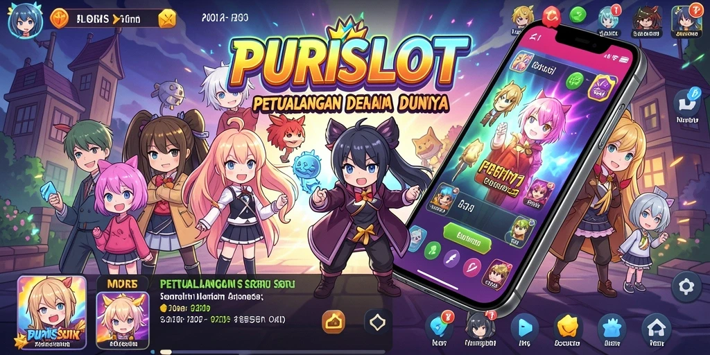 Tampilan gameplay PURISLOT yang menarik dengan tema anime yang kaya.