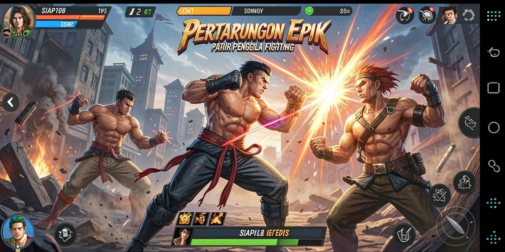Screenshot SIAP108 menampilkan pertarungan intens dengan karakter unik.