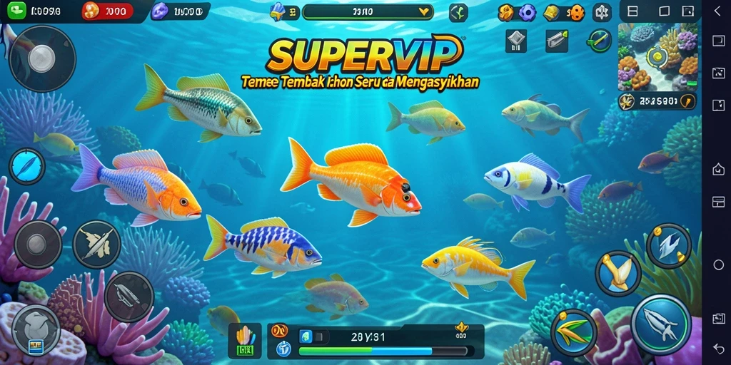 Screenshot gameplay SUPERVIP menunjukkan aksi menembak ikan yang seru.