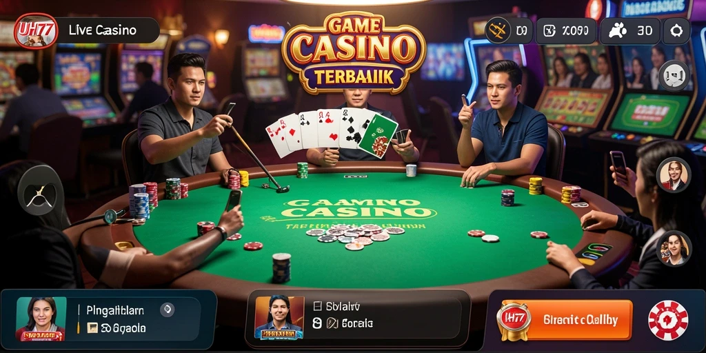 Tampilan screenshot UH77 menampilkan dealer profesional dan permainan kasino langsung.
